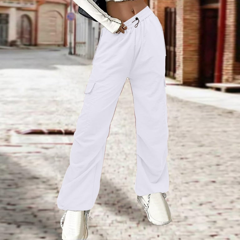 KJIUQ Parachute Pants for Women Baggy Cargo Pants Multi-Pocket High Rise  Y2K Pants Teen Girls Wide Leg Trousers Streetwear(Z1-White,M)