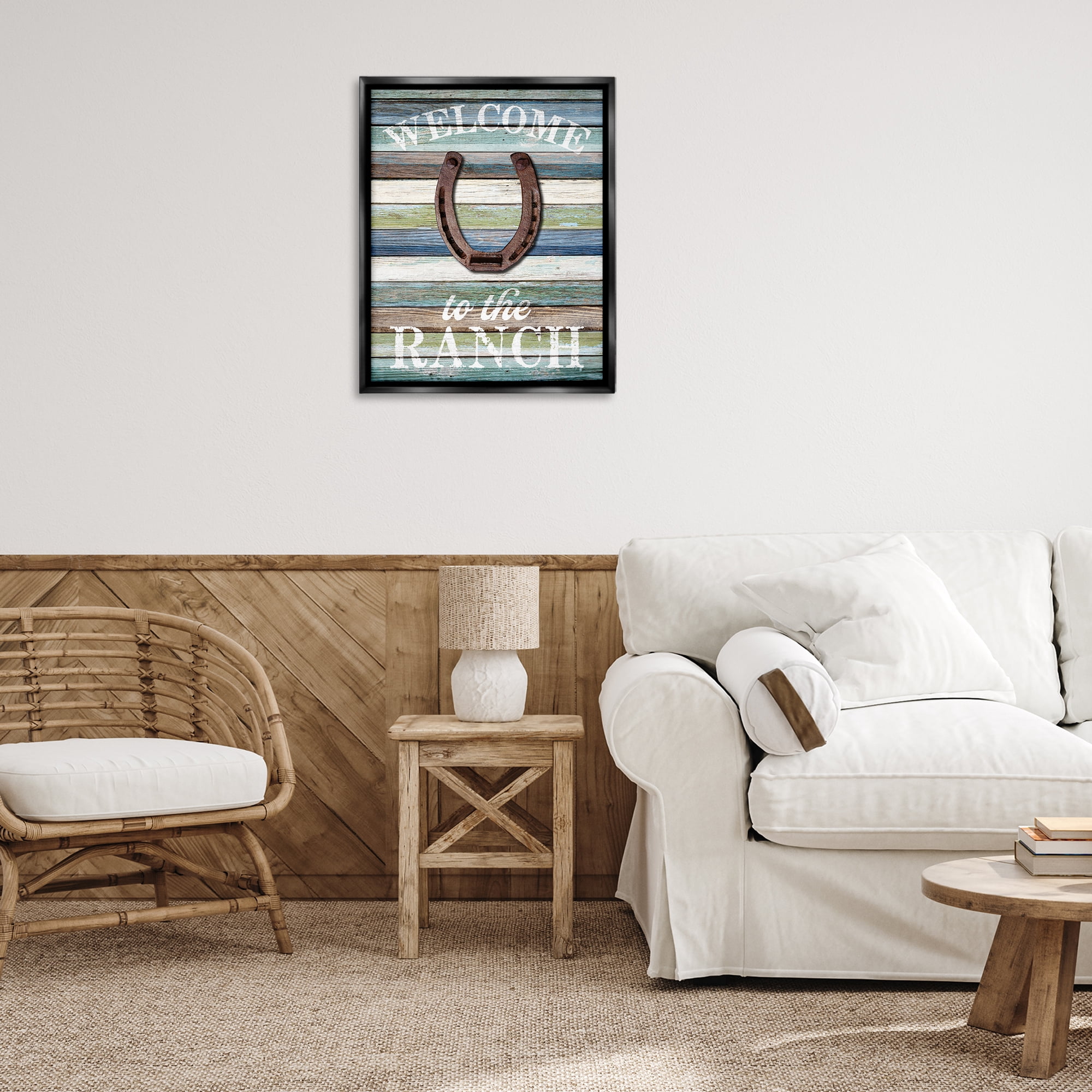 Stupell Industries Welcome Ranch with Horseshoe Text & Numbers Painting Black Floater Framed Canvas Art Print Wall Art, 25 x 31