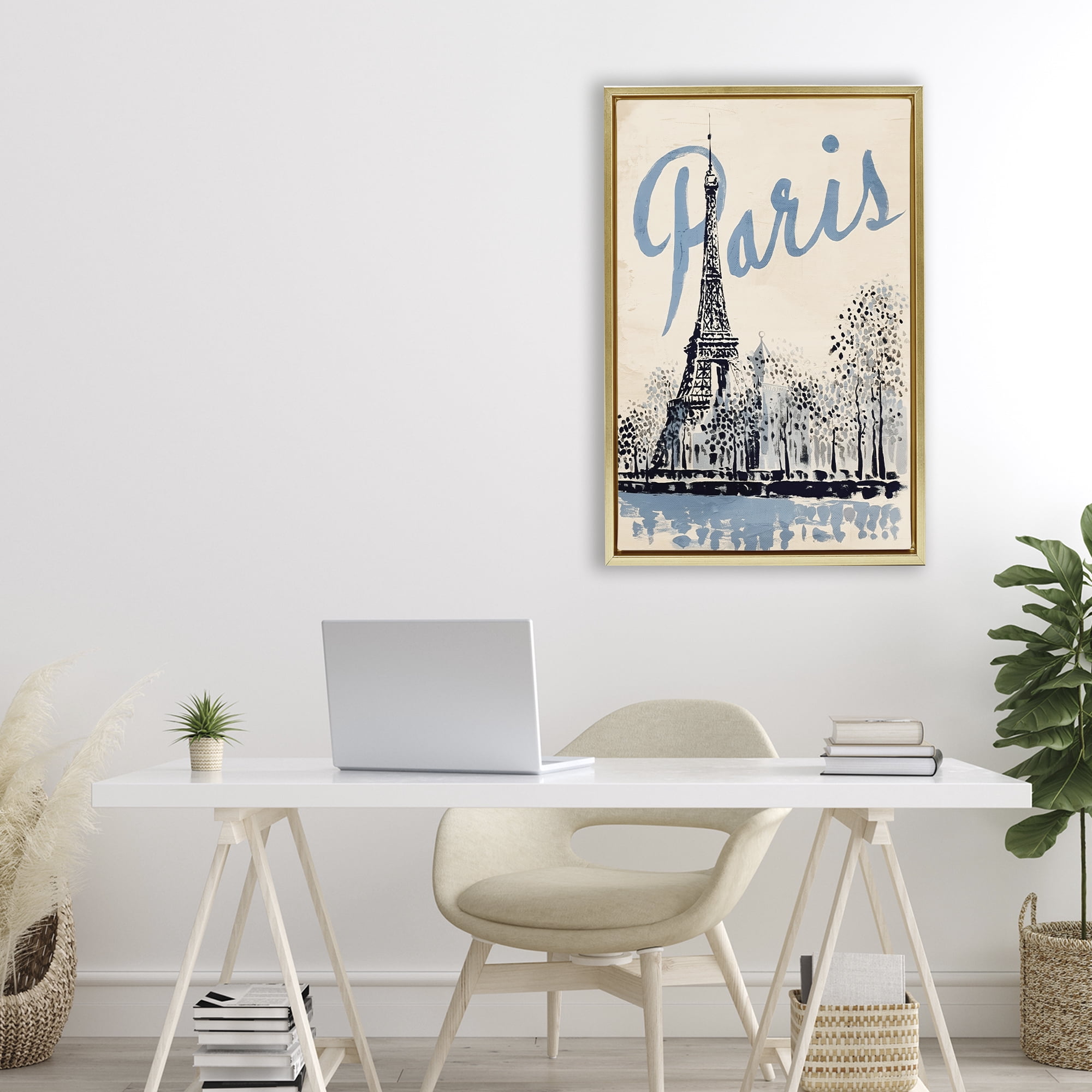Stupell Industries Blue & Beige Paris Travel Gold Framed Floater Canvas Wall Art, design by Annabelle Hall