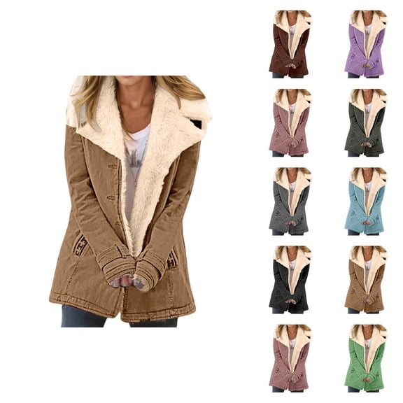 Winter Jackets for Women Long Sleeve Lined Suede Notch Collar Button Cardigan Coat Outerwear with Pockets