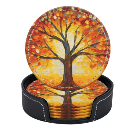 

PU Leather Coasters for Drinks Bar Beer Set of 6 with Holder Round Housewarming Gift Vibrant Autumn Tree With Colorful Leaves