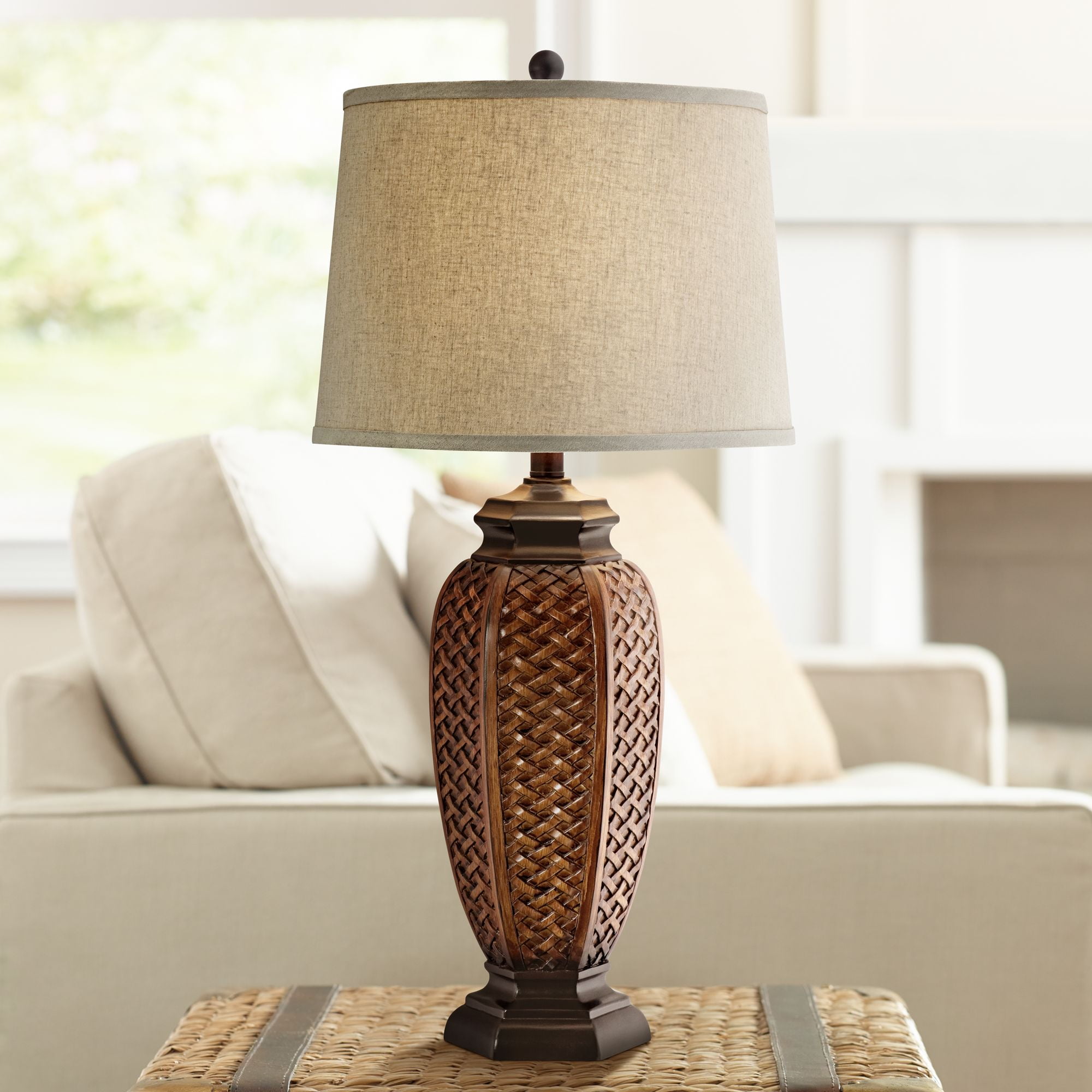 Regency Hill Tropical Table Lamp 29" Tall Woven Wicker Pattern Beige
