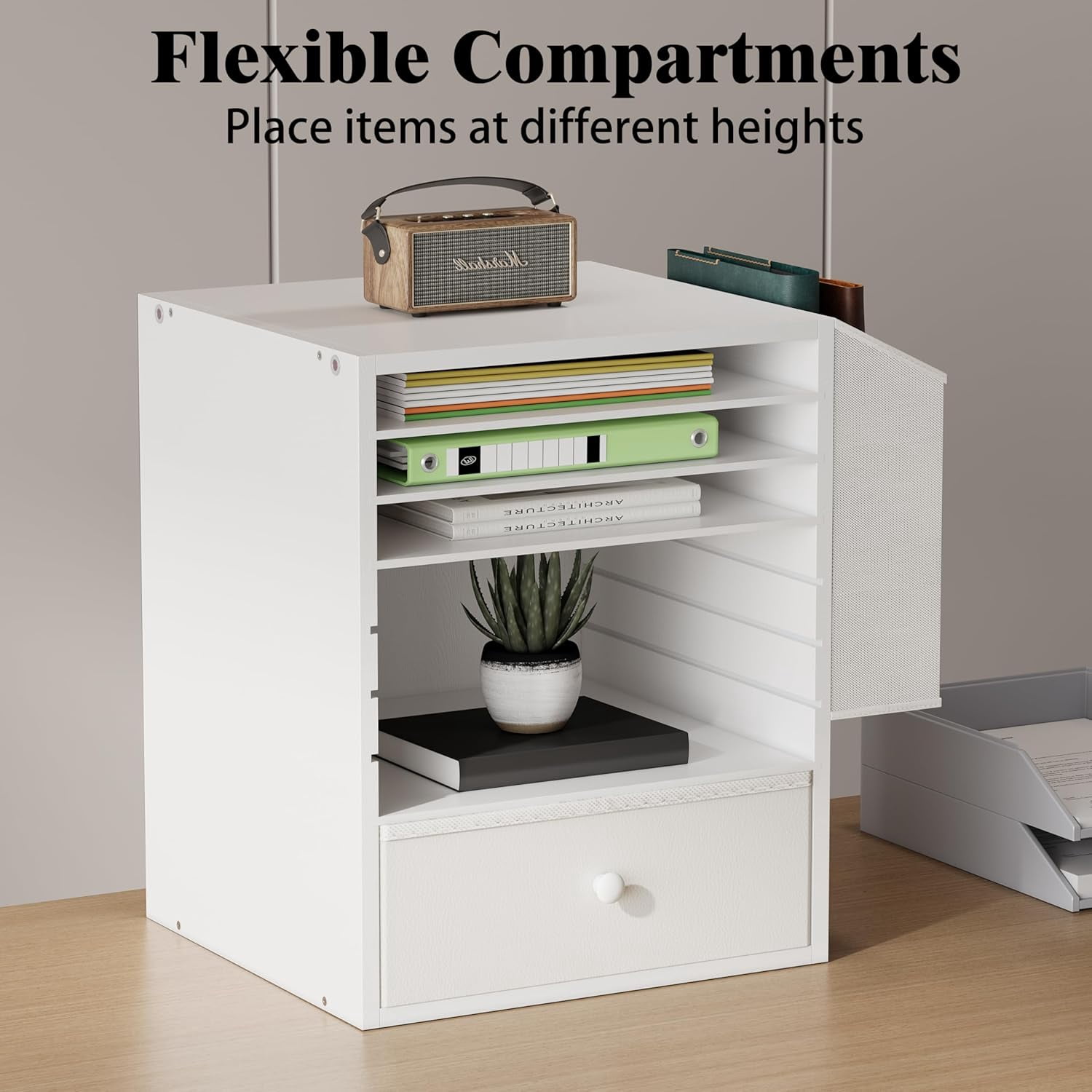 Wooden 12X12 Scrapbook Paper Organizer,7 Tier Adjustable Desktop File sorter with drawer,Craft&Stamp Cardstock Storage with Side Pocket&Name Slots for classroom,home offce，White