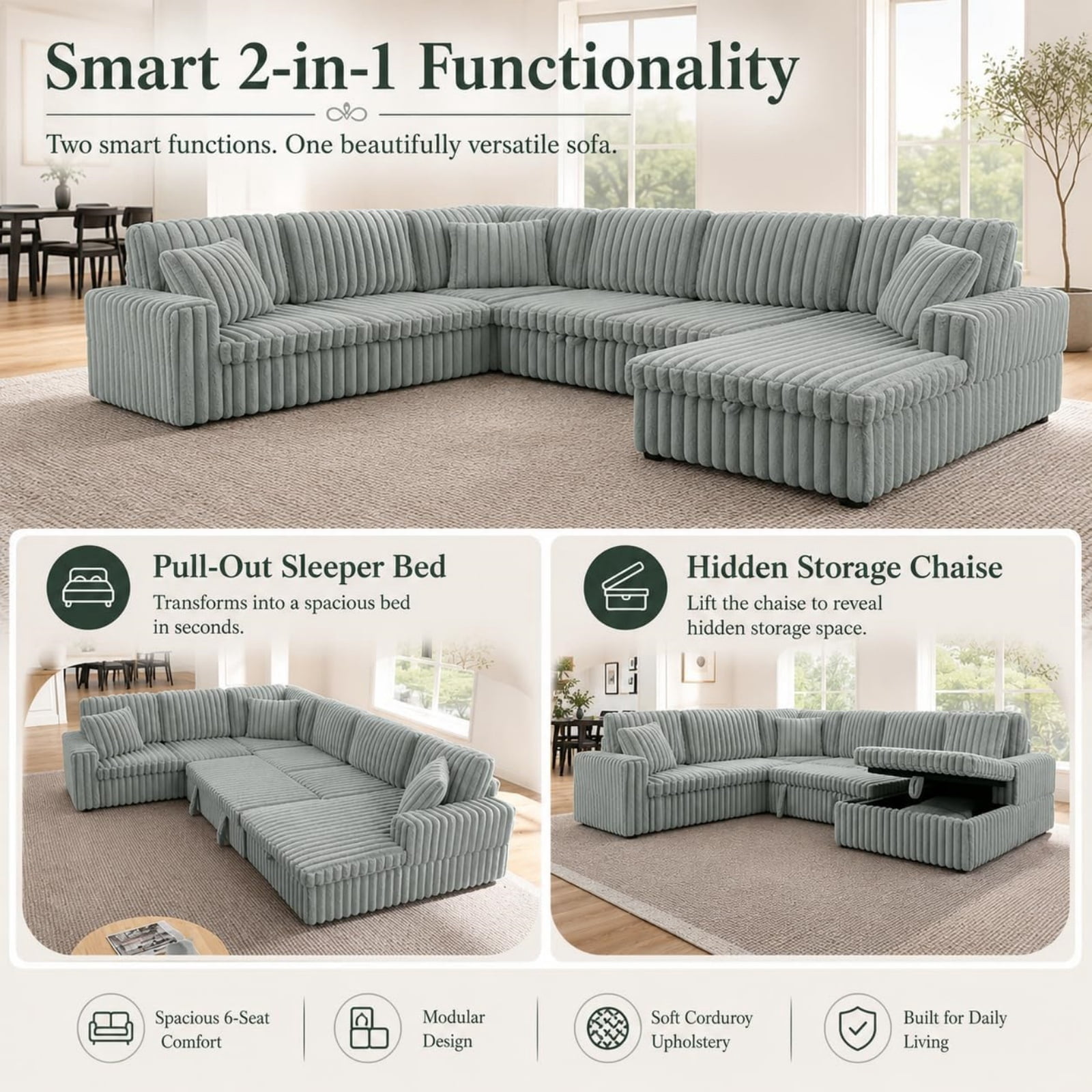 Corduroy U-shaped Sectional Sofa, Modern Minimalist Modular Couch with Pull-Out Sleeper Bed and Storage Chaise, Soft Fabric Convertible Sofa for Living Room, Apartment