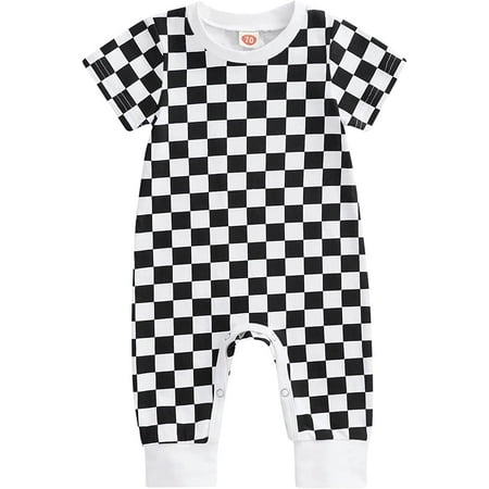 

QWZNDZGR Baby Boy Girls Casual Short Sleeve Jumpsuit Fashion Chess Board Printed Long Romper Clothes