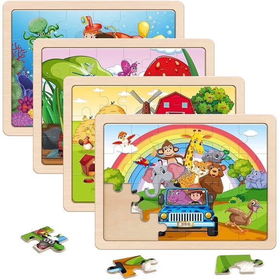 SYNARRY 4-in-1 Wooden Animal Puzzles for Kids Ages 3-8, 24pcs Each, FSC Certified Educational Jigsaw Puzzle Set, Animal Toys Gifts for 3 4 5 Year Old Boys Girls