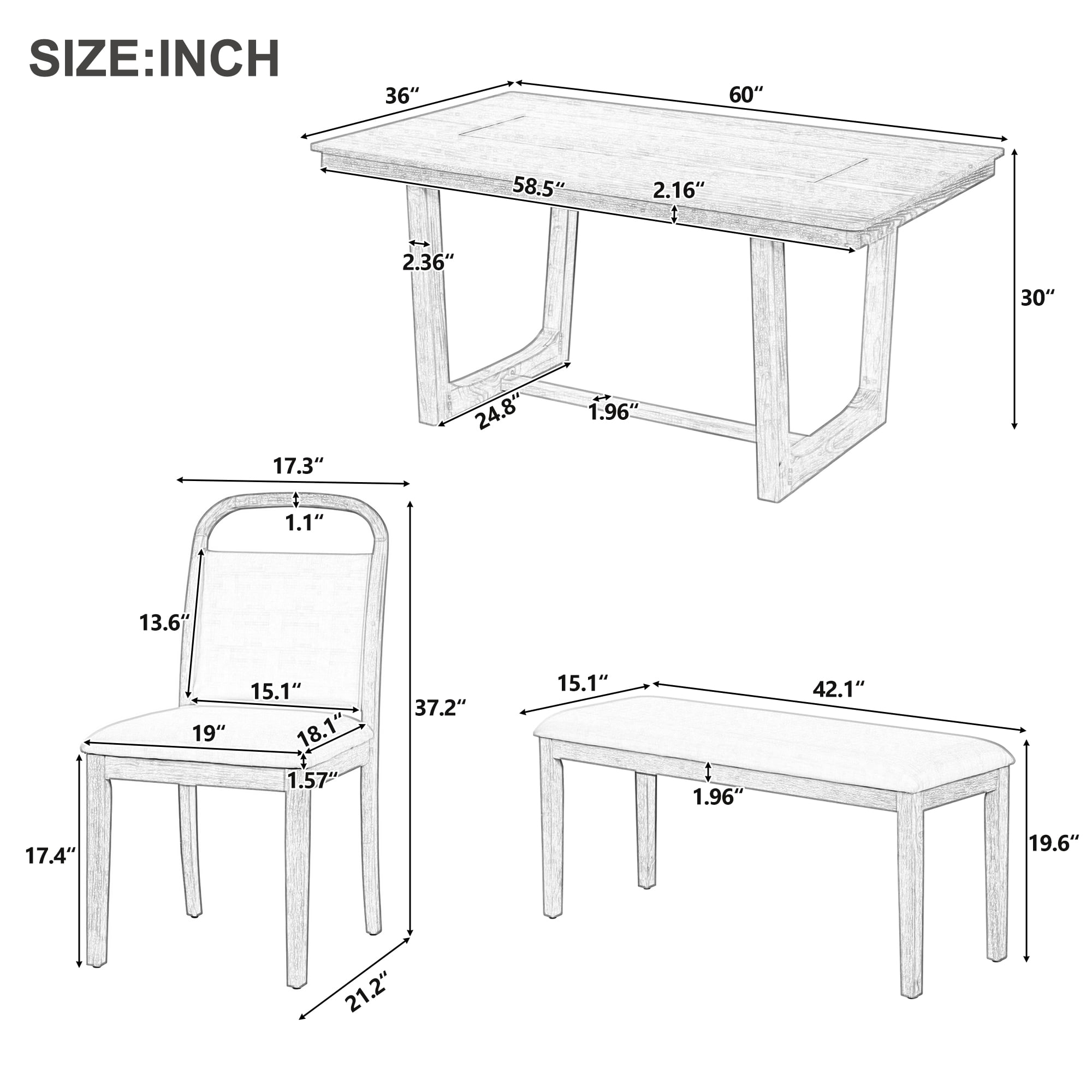 6-Piece Dining Table Set for 6, 60" Rectangular Dining Table with 4 Upholstered Chairs and 1 Bench