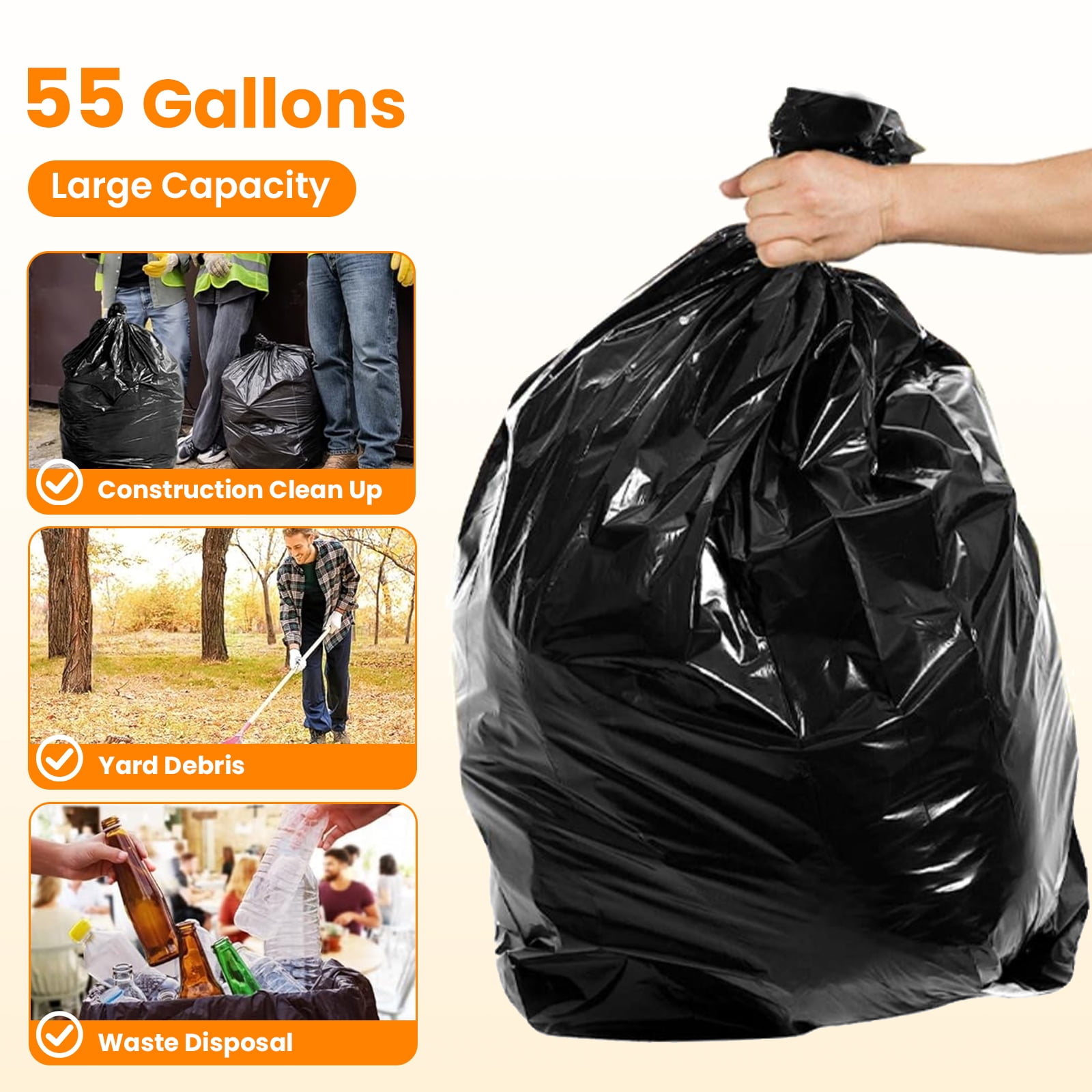 50-55 Gallon Trash Bags, 50 Count Heavy Duty Large Black Garbage Bags for Commercial, Janitorial, Lawn and Leaf, 48 x 40"