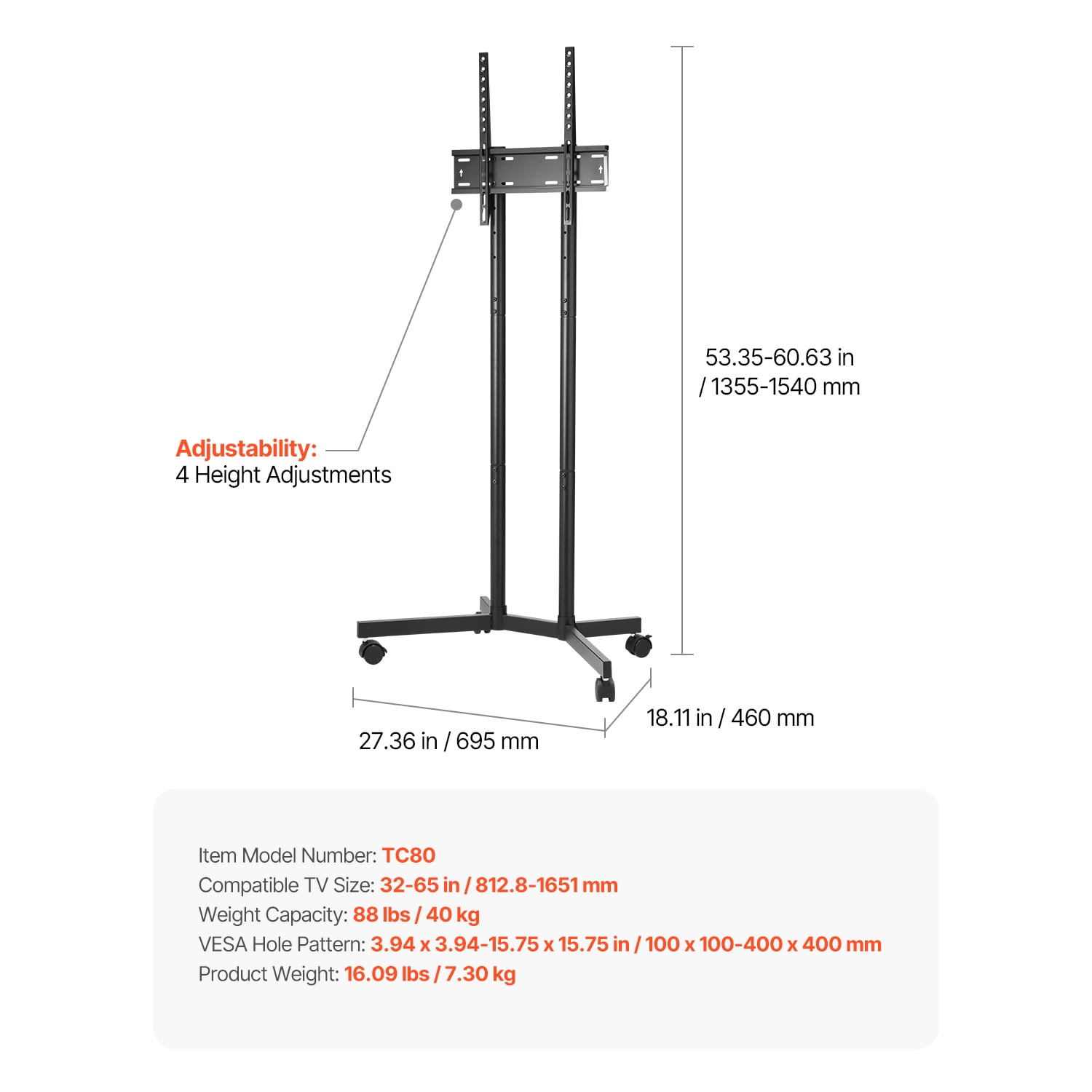 KFFKFF Mobile Television Stand, Sturdy TV Mount for 32-65 Inch, Height Adjustable TV base with Casters, Support up to 88 lbs, Ideal for Lounge, Bedroom, Workplace, Outdoor