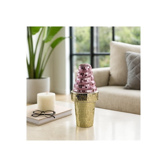 Mirror Mosaic Ice Cream Ornament Statue - Playful Pop Figurine for Home, Office, and Living Room Decor - Eye Catching Sculpture for Shelf, Room, Bathroom, and Coffee Table Decor - 9", Pink & Yellow