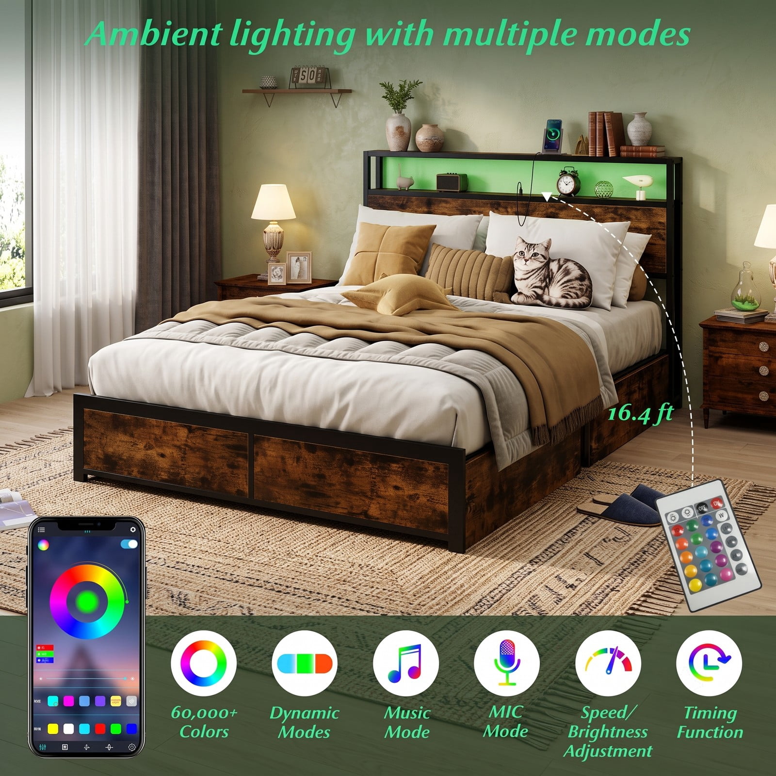 Furnibear Queen Bed Frame with Storage, Metal Platform Bed with 4 Drawers, LED Lights and 2-Tier Storage Headboard, Rustic Brown