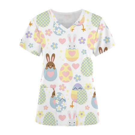 

Easter Nurse Scrubs for Women Rabbits Print Cute Bunny Pattern Short Sleeve Working Uniforms Tops with Pockets