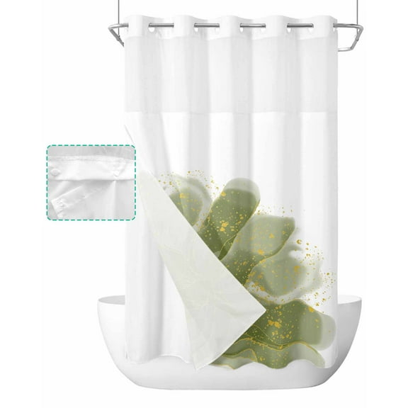 No Hook Shower Curtain with Snap in Liner, Sage Green Golden Ombre Flowers Watercolor Floral Hotel Shower Curtains for Bathroom, Washable Shower Curtain Liner Set with Mesh Top Window, 54"x78"