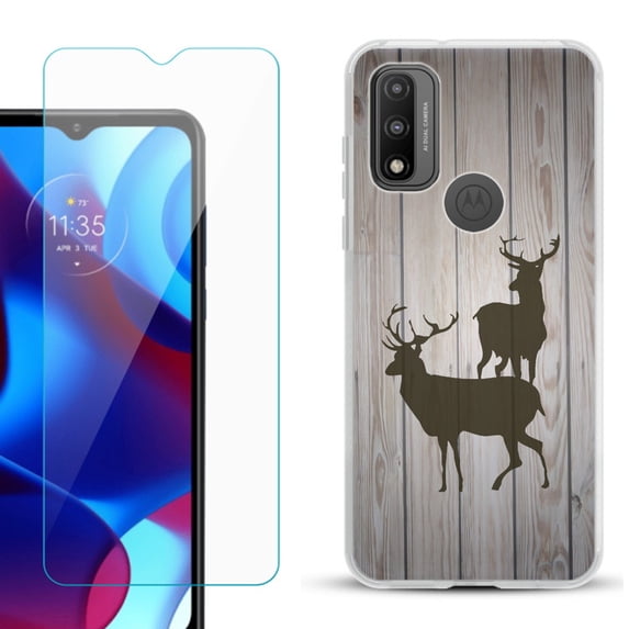 Slim-Fit Gel TPU Phone Case for Motorola Moto G Pure, with Tempered Glass Screen Protector, by OneToughShield ® - Wood/Deer