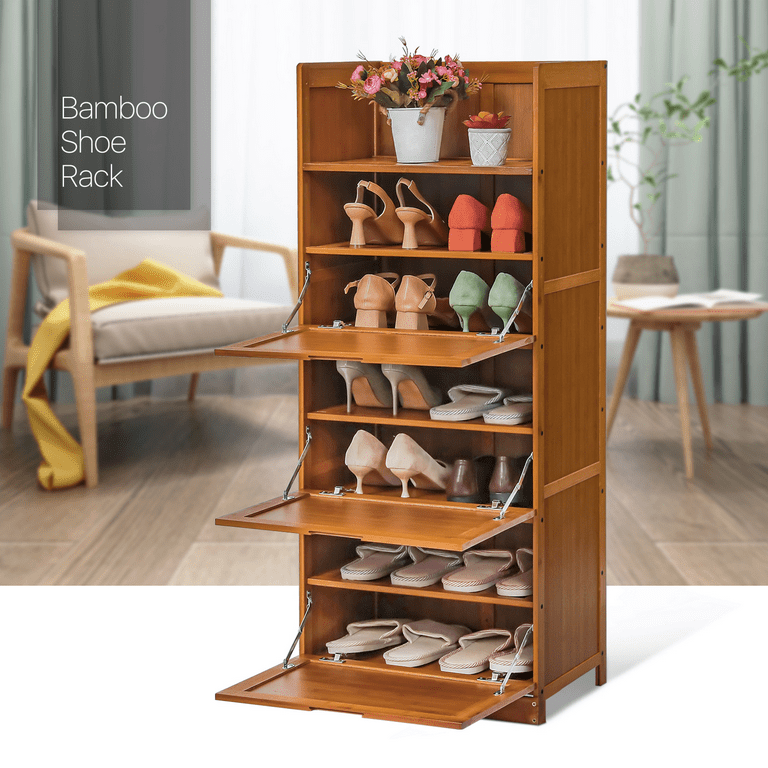 MoNiBloom 3 Tiers 10 Pairs Shoe Rack with Door, Organizer Storage Bamboo  Stand Cabinet for Entryway Hallway & Reviews