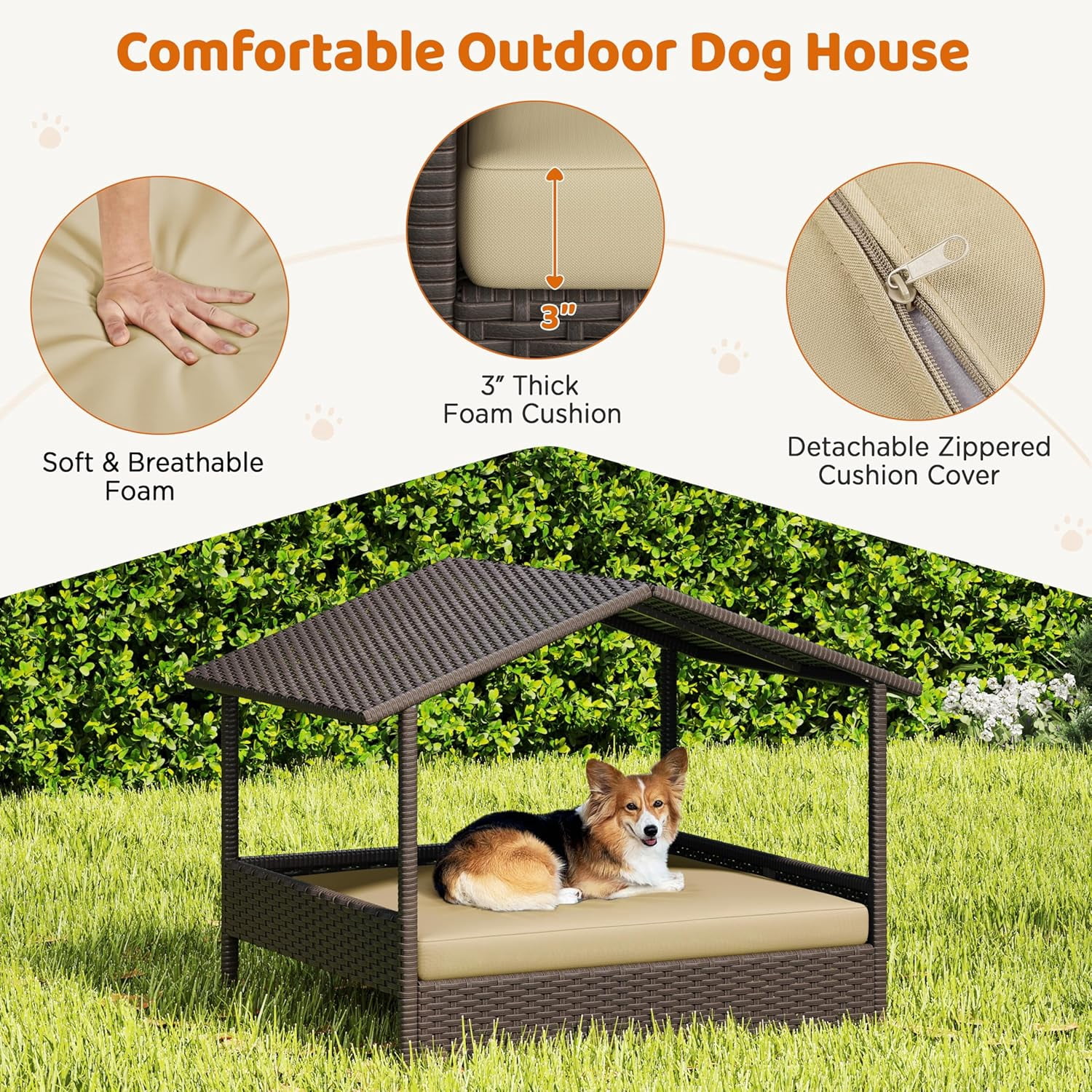 Wicker Dog House Outdoor Indoor with Canopy, Elevated Dog Shelter Dog Bed with Cushion for Small/Medium Dogs, Shade for Deck, Patio, Yard, Pool Brown House, Khaki Cushion