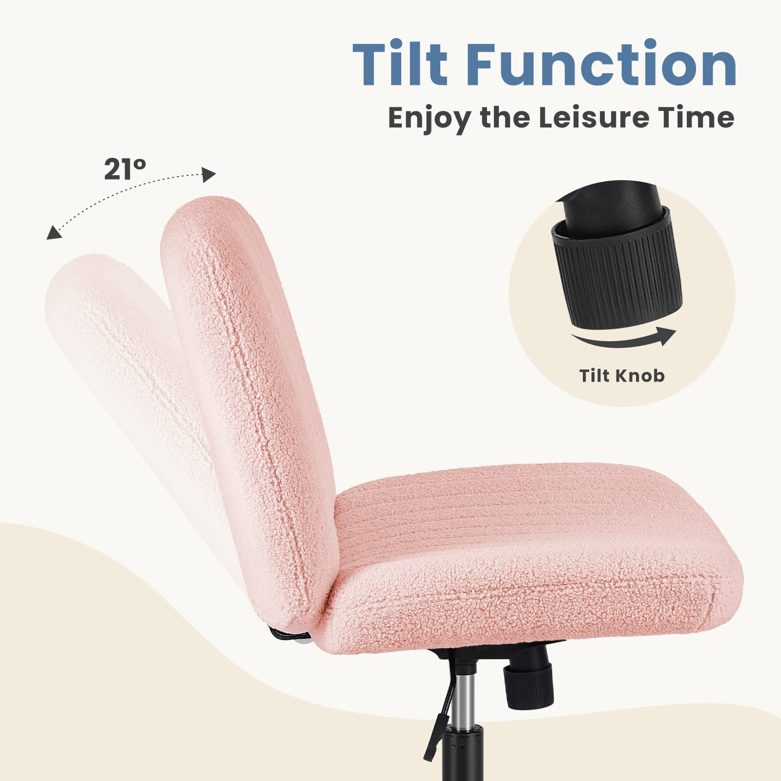 EDX Armless Office Chair Criss Cross Legged Chair with Wheels, Comfy Home Dressing Chairs, Pink