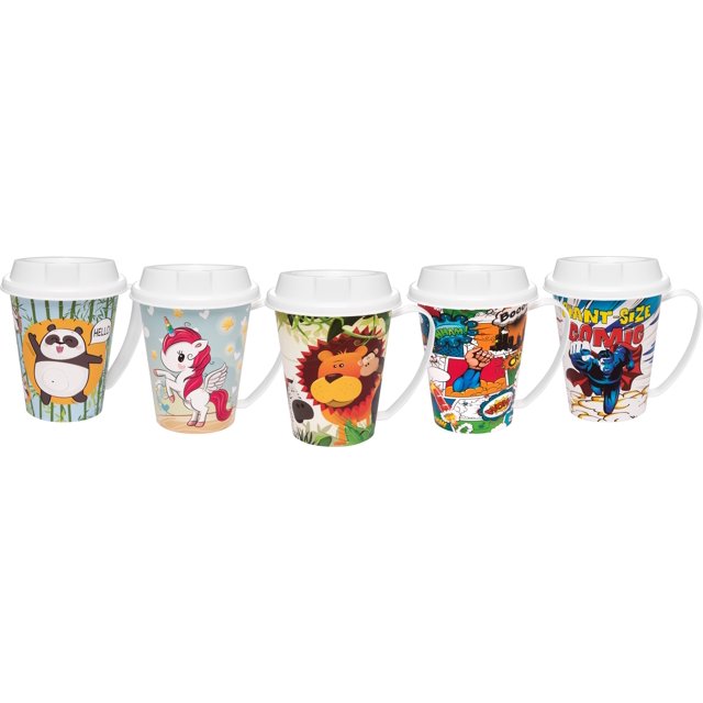 Juego de 3 Vasos plasticos para niños con asa y tapa de 360 Ml. Temas surtidos Jaguar Plasticos Articulo de cocina