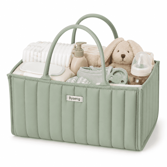 Byseng Baby Diaper Caddy Organizer – Portable Nursery Storage Basket with Handles & Dividers – Large Diaper Caddy for Newborn Essentials, Wipes, Car & Travel Use