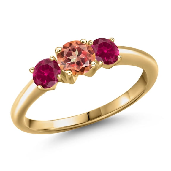 Gem Stone King 18K Yellow Gold Plated Silver Ecstasy Mystic Topaz and Red Created Ruby Engagement Ring for Women | 1.50 Cttw | Round 5MM | Gemstone November Birthstone | Size 5