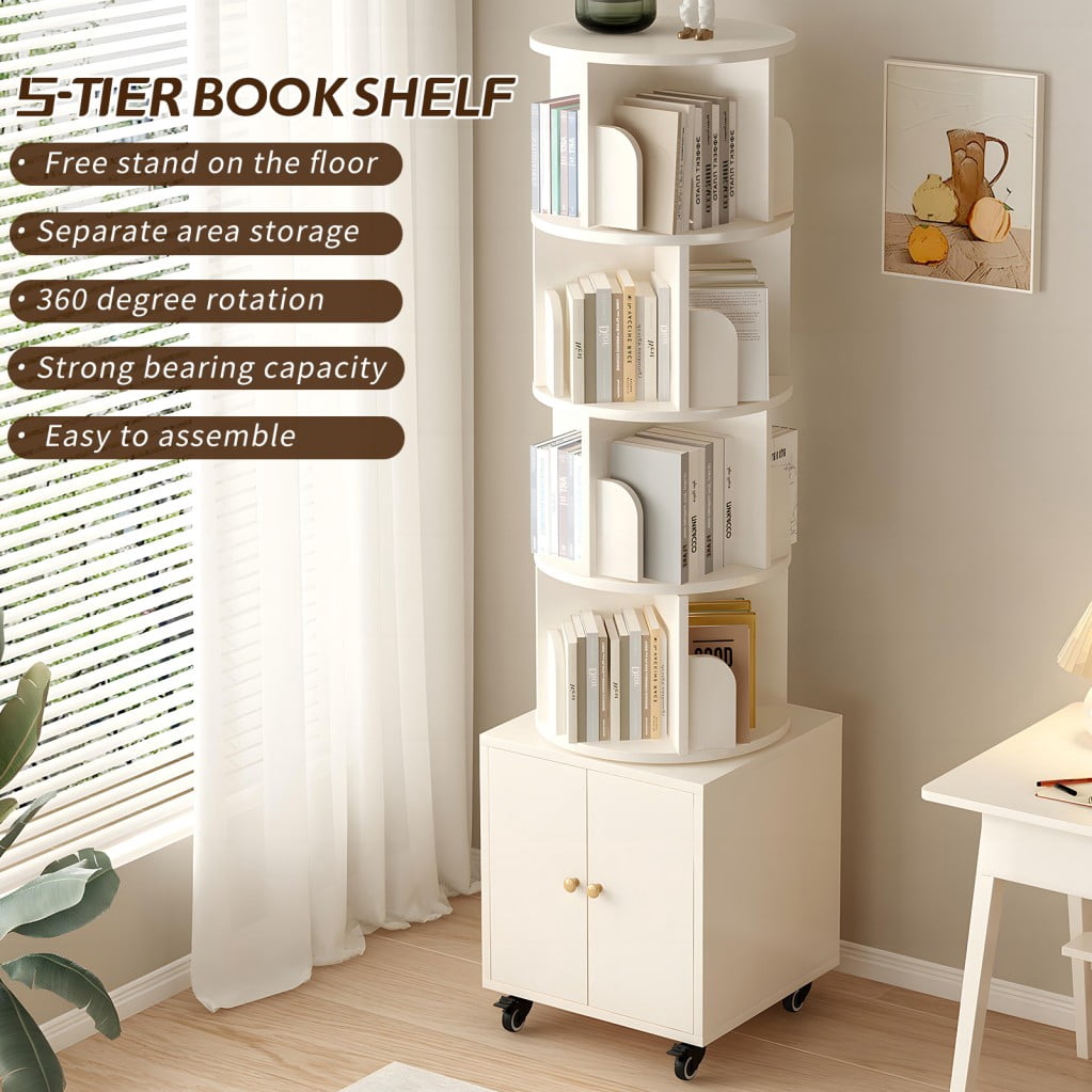 5-Tier Rotating Bookshelf with Drawer, 360° Spinning Corner Bookcase, Narrow Space-Saving Floor Standing Storage Rack for Bedroom, Living Room & Small Spaces, White