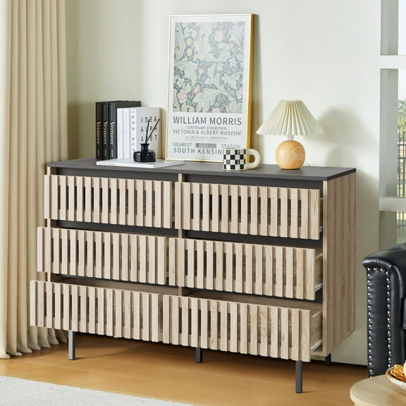 6 Drawer Dresser for Bedroom, 47" Wooden Storage Cabinet with Metal Feet, Modern Chest of Dresser for Hallway, Living Room, Entrywa