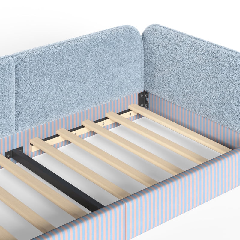 Twin Size Upholstered Floor Daybed Frame for Kids, Half-Enclosed Montessori Platform Bed with 3-Sided Surrounding Guardrails