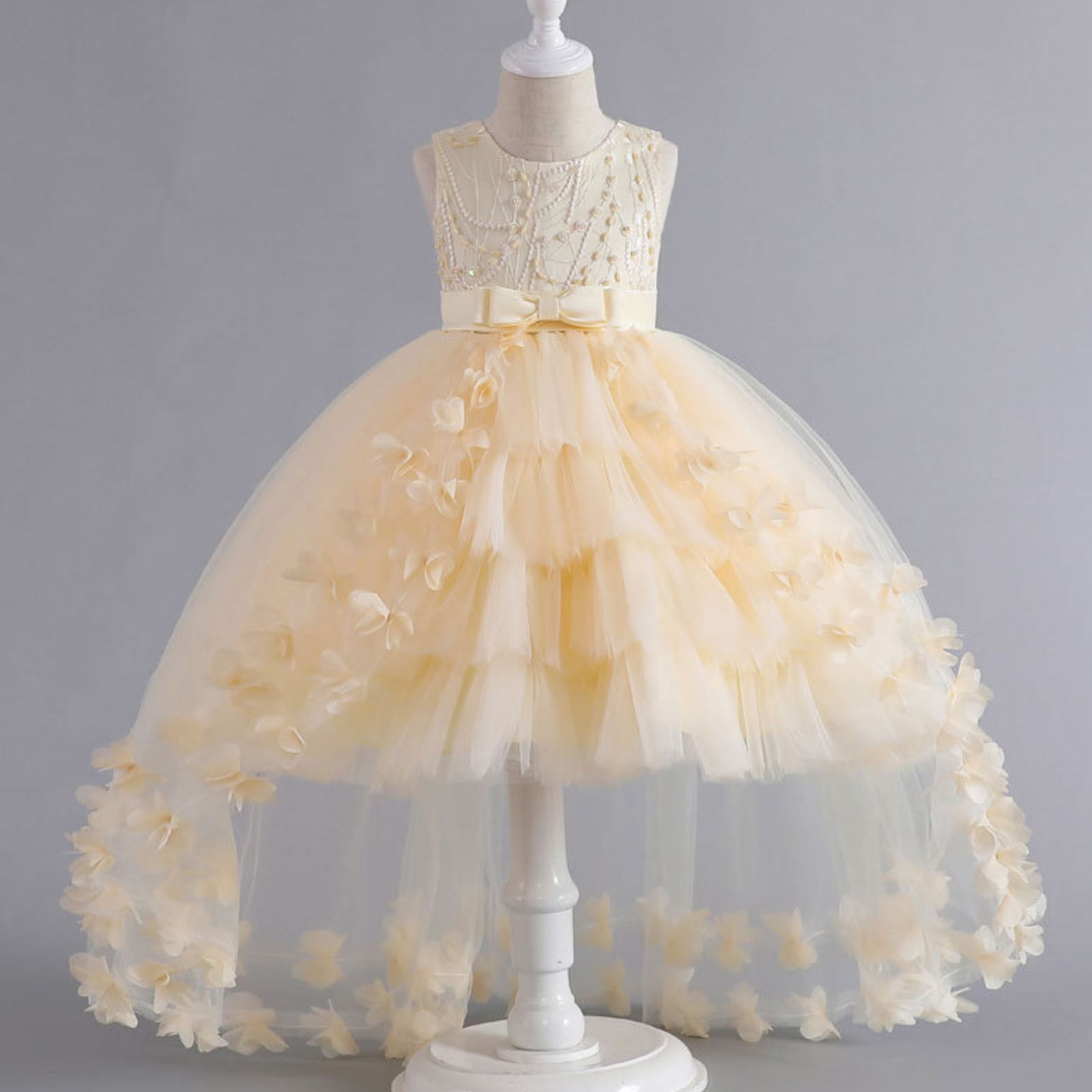 Lace Tulle Flower Girl Dresses Sleeveless Bow Tiered Dress for Kids Princess Birthday Party Gowns 2-12Y