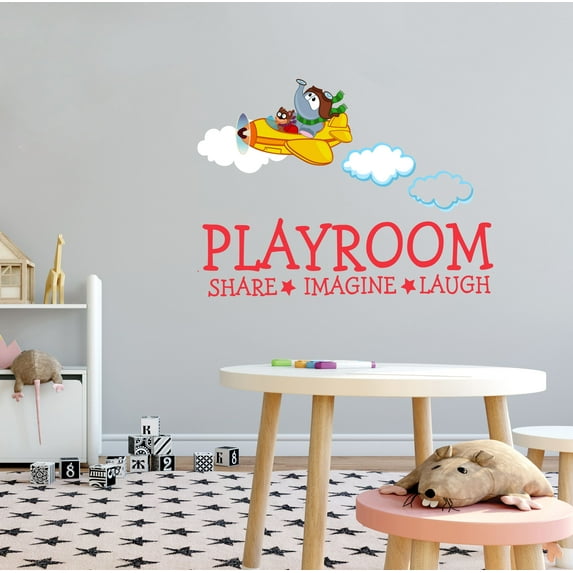 KIDS PLAYROOM - Nursery Child Care Animal Decoration Dog & Elephant Pilots Design Airplane Cloud Playroom Share Imagine & Laugh Lettering Art Vinyl Wall Decal 30" x 21"