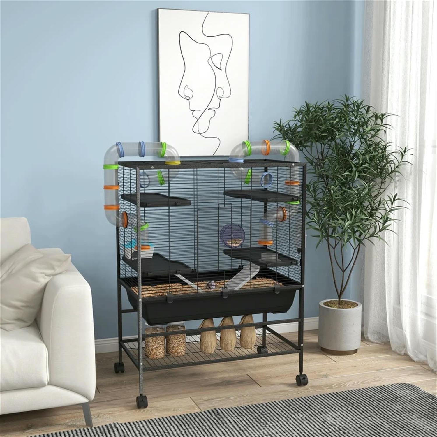 Demi Bonn 32" Large Hamster Cage, Gerbil Cage with Tubing System, Running Wheel, Ramps, Platforms, Small Animal Habitats for Syrian Gerbil, Black