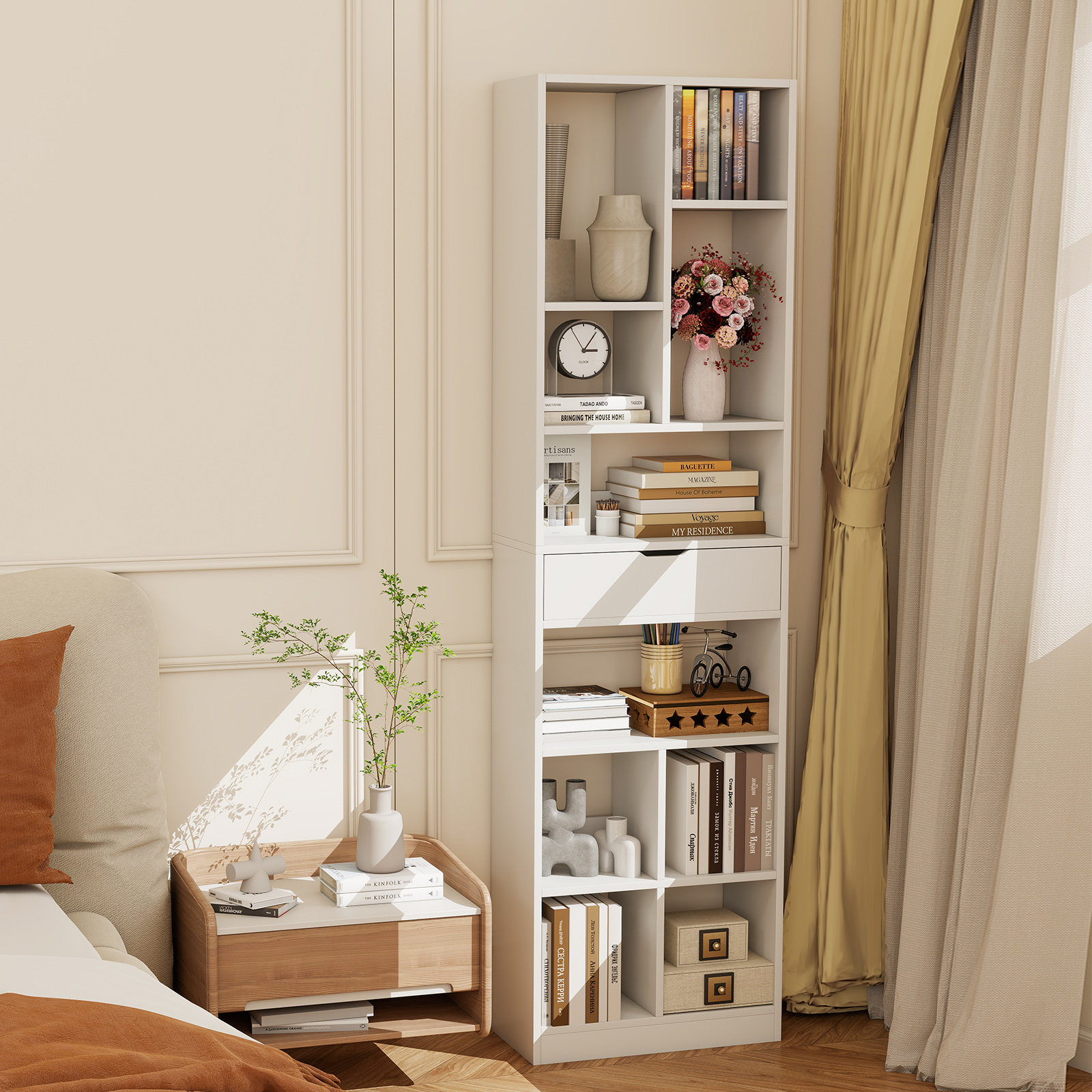 Gymax 71'' Tall Bookcase w/ Drawer Modern Bookshelf w/ 10 Open Cubes Display Rack