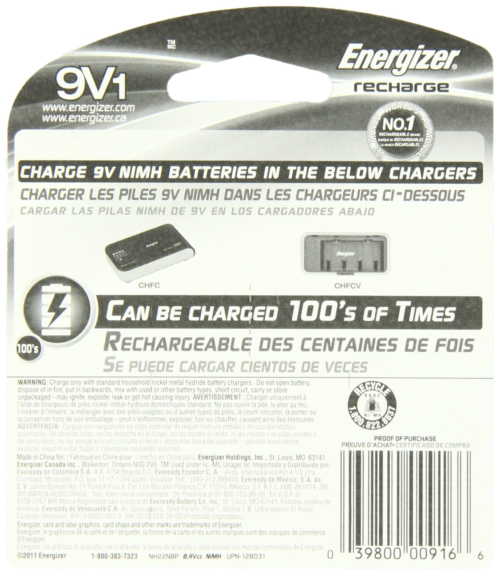 Pile rechargeable 9V NIMH - accu 9V HR622 175mAh Energizer - par 1