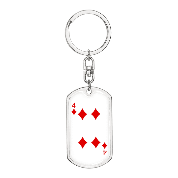4 of Diamonds Gambler Stainless Steel or 18k Gold Premium Swivel Dog Tag Keychain