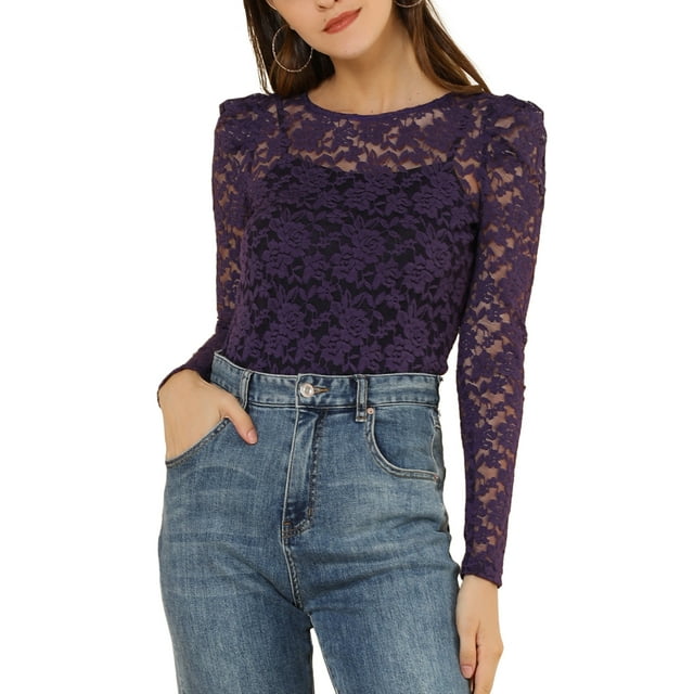 INSPIRE CHIC Women's Tops Puff Long Sleeve Semi Sheer Floral Lace Blouses XS Purple