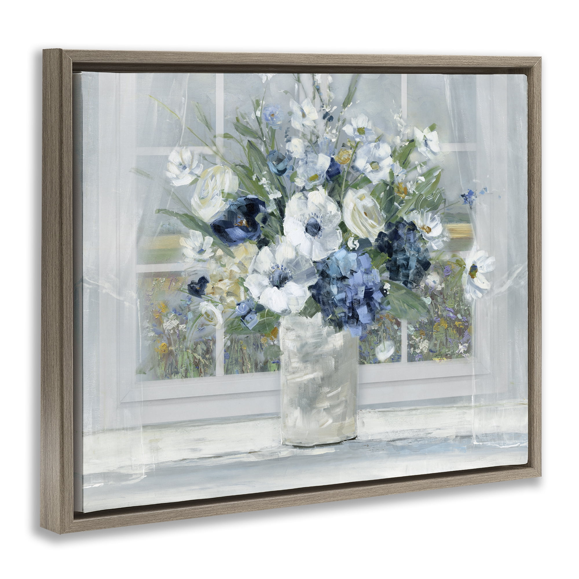 Stupell Industries Blue Hydrangea & Anemone Bouquet Brown Framed Floater Canvas Wall Art, design by Sally Swatland