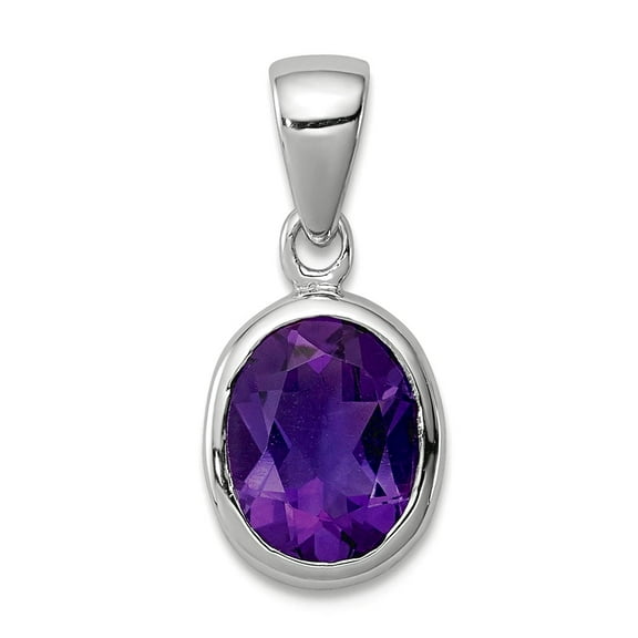 925 Sterling Silver Bezel Polished Rhodium Amethyst Pendant Necklace 16x7mm Wide Pendant for Women
