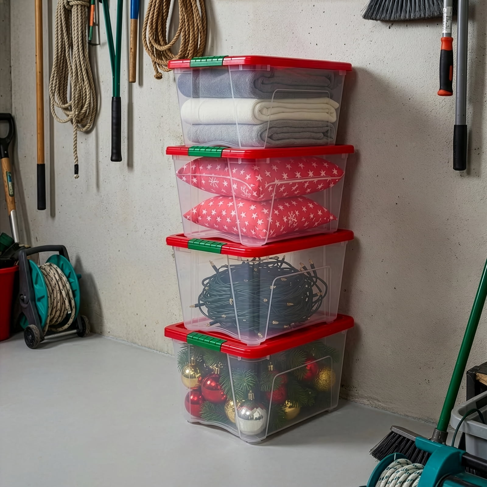 IRIS 54 Qt Stackable Holiday Plastic Storage Bins with Lids and Latching Buckles Clear Red 4 Pack