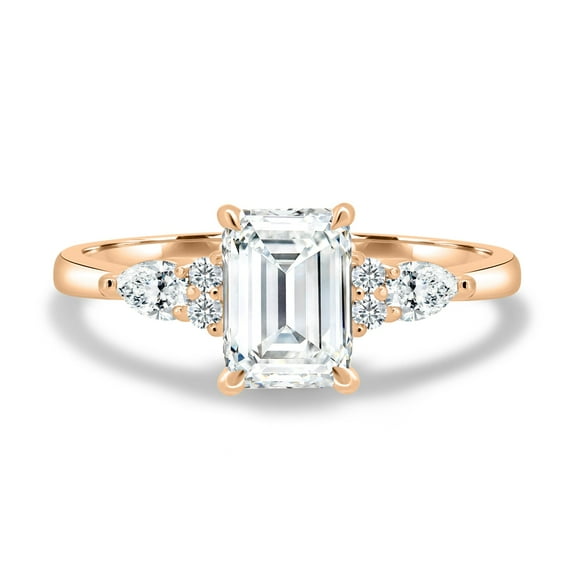 2.00Ct Emerald Cut Moissanite Engagement Ring, Round & Pear Side Stones, 14K Rose Gold, US 4