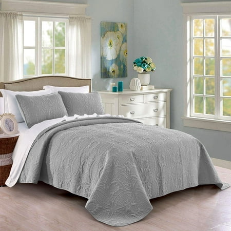 Quilt Set Full/Queen Size Light Grey - Oversized Bedspread - Soft Microfiber Lightweight Coverlet for All Season - 3 Piece Includes 1 Quilt and 2 Shams, Geometric Pattern