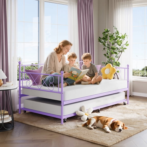Space-Saving Metal Daybed with Trundle, Modern Headboard, Sturdy Steel Slat Support, No Box Spring Needed, Ideal for Bedroom, Living Room, Guest Room or Small Apartment