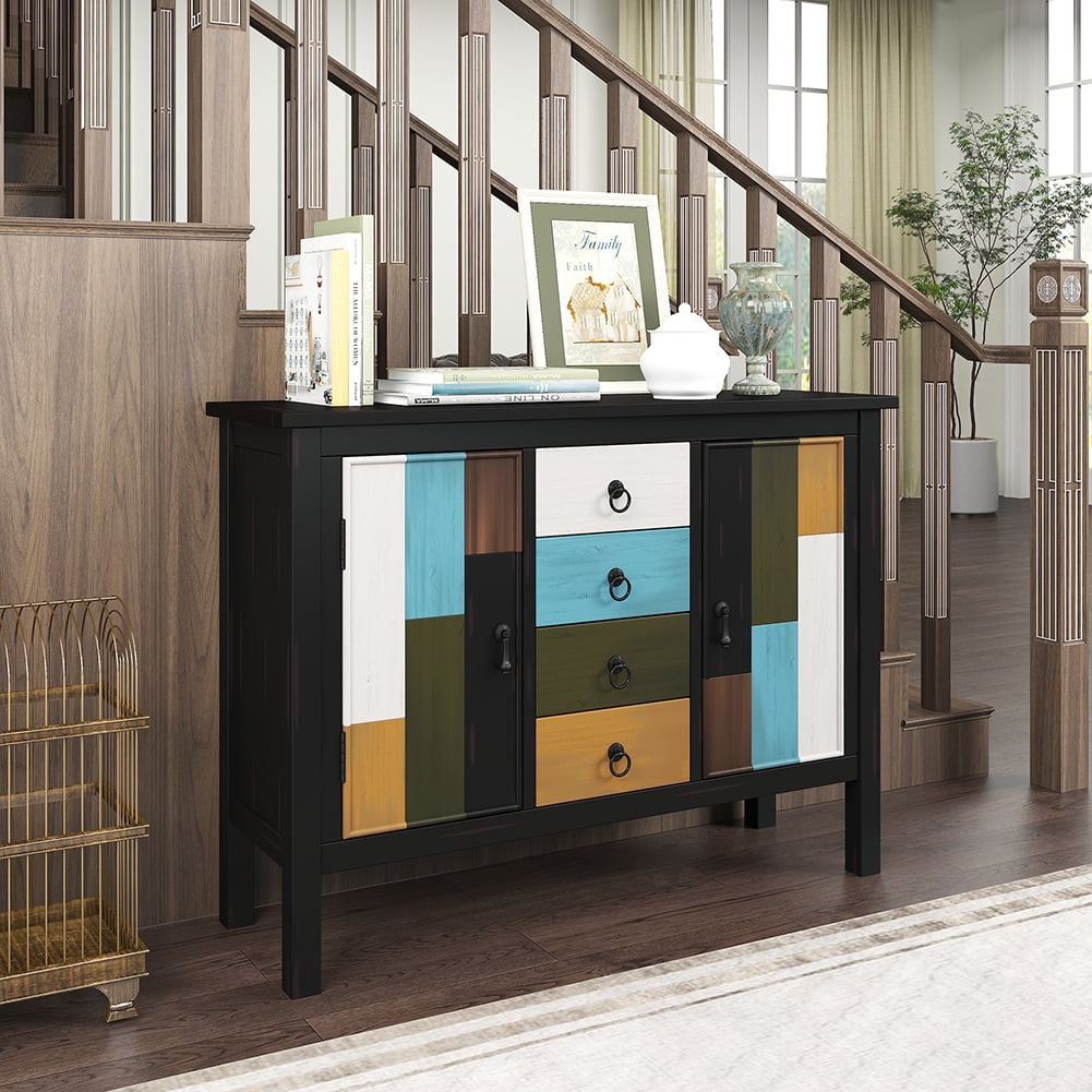 Lowestbest Colorful Pine Wooden Console Table, Sofa Table with Four Drawers and Two Large Cabinets (Black) Lowestbest Colorful Pine Wooden Console Table, Sofa Table with Four Drawers and Two Large Cabinets (Black)