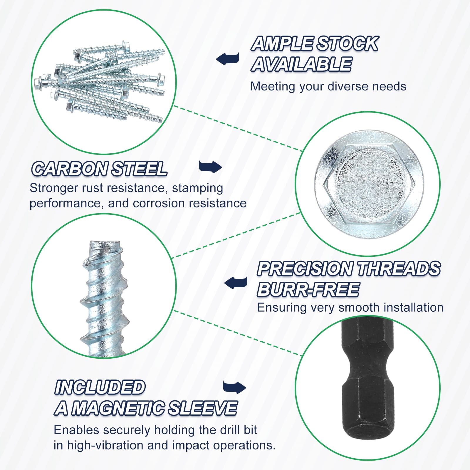 Uxcell 30 Set Concrete Screws and Impact Socket, 1/4"x4" Galvanized Hexagonal Flange Concrete Self-Tapping Screw with Impact Socket for Concrete Brick Block Stucco Wall, Blue White