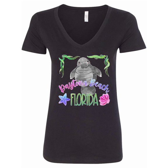 Inktastic Daytona Beach Florida Cute Swimming Manatee Women's V-Neck T-Shirt