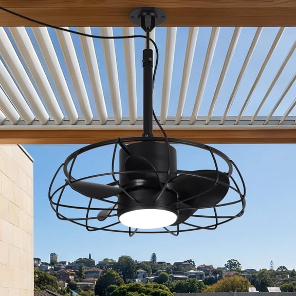 Parrot Uncle 20" Modern Black IP65 Waterproof Outdoor Caged Plug-in LED Ceiling Fan with Remote Control