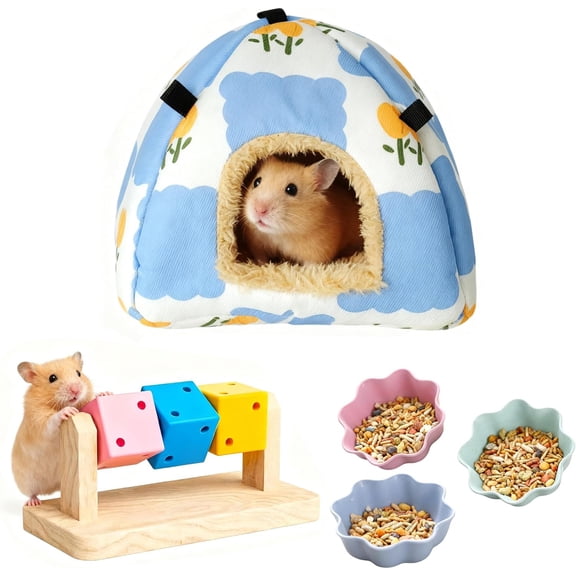 5 Pcs Hamster Bed & Hamster Toys & Food Bowl, Wooden Small Animal Cage Accessories for Animal Sugar Glider Mouse Small Bird Pet