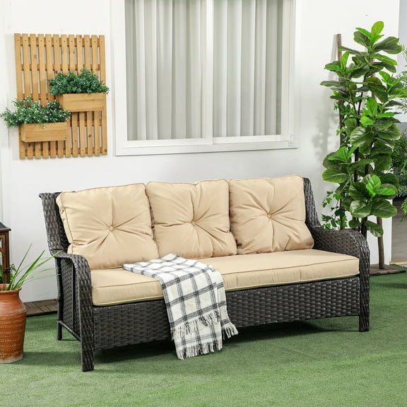 Outsunny Thick Cushioned 3-Seater Outdoor Sofa, Curved Armrests Outdoor Couch, Beige