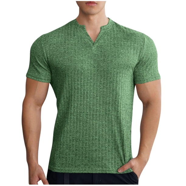 Camisas de Verano Casuales de Manga Corta de los Hombres Color Sólido V-Cuello Suelto Blusa de Fitness Elástica, 75% Poliéster 20% Rayón 5% Spandex