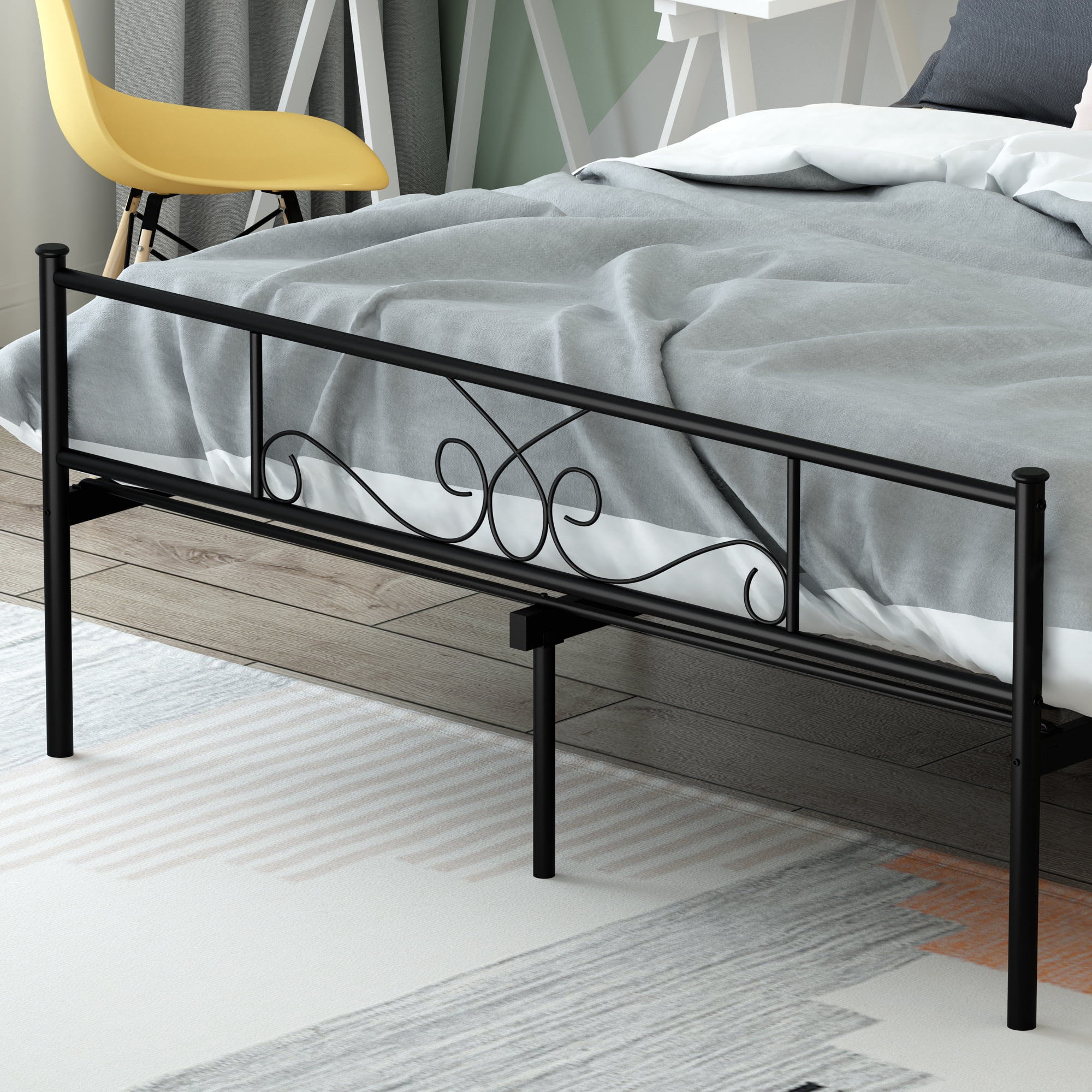 Yoneston Queen Size Metal Bed Bedroom Mattress Platform Foundation with Headboard - Black