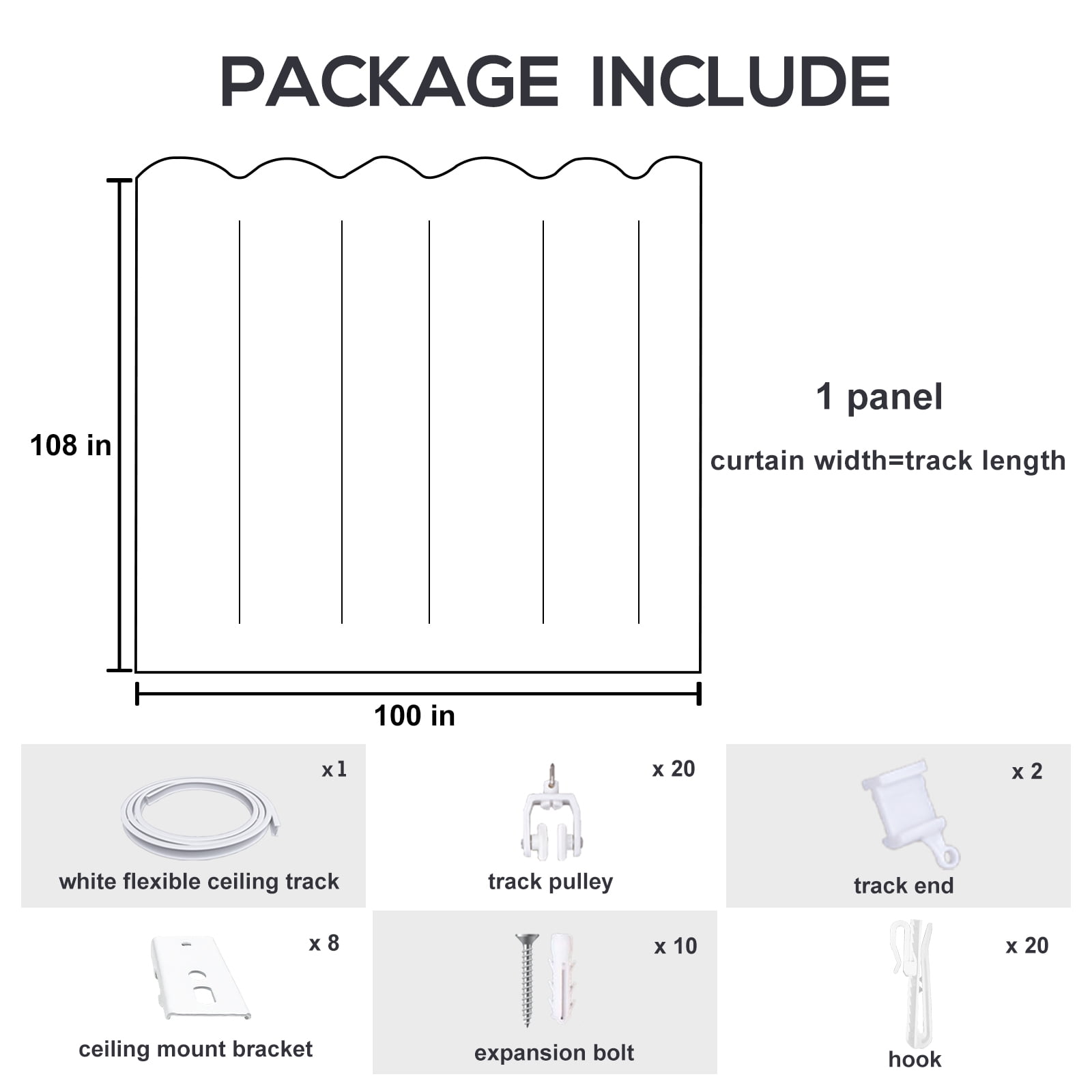 CBSRORO Room Divider Blackout Curtains with Ceiling Mounted Curtain Track Set,1 Panel Black Divider Curtain and White Flexible Curtain Track for Room Separation