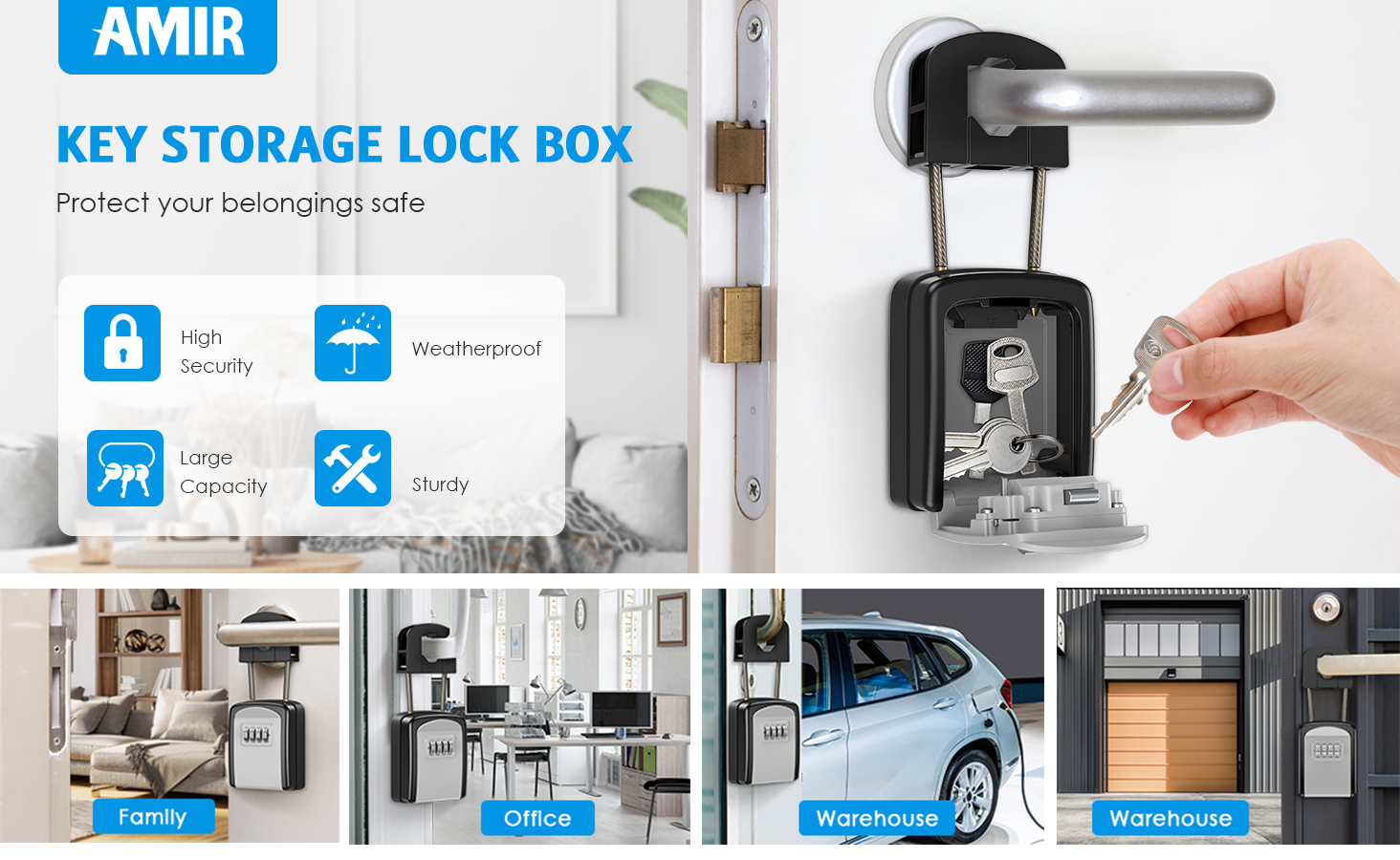 Padlock Key Lock Box, Combination Key Safe Box with Carabiner
